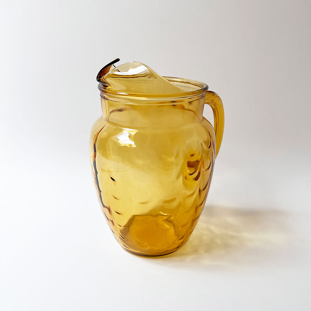 Vintage Cocktail Pitcher with glasses, 1950's Amber Glass- Polished Pontil,  Mid Century Amber Blown Glass Batch Cocktail Pitcher