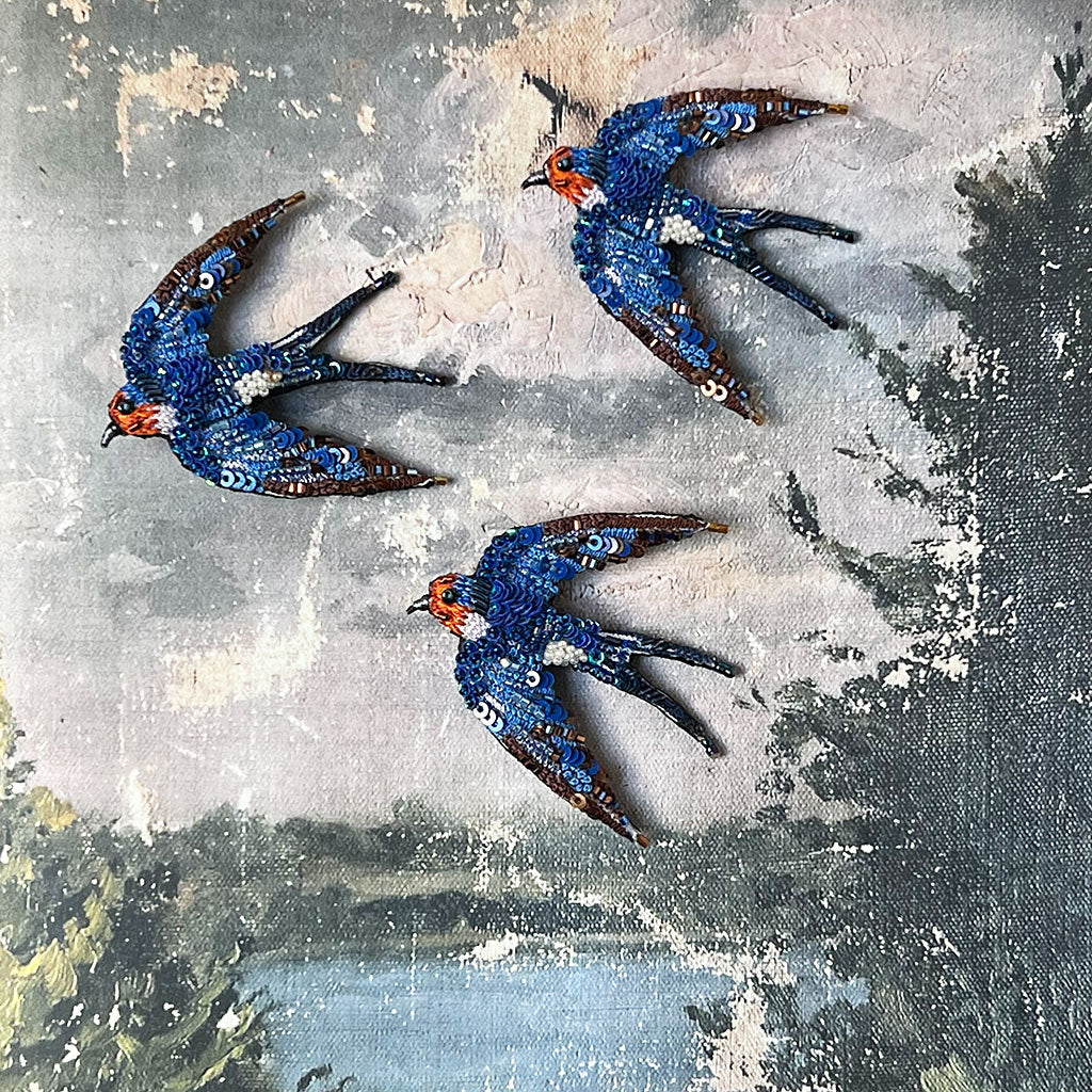 Beaded Orange Face Swallow Embroidered Pin by Trovelore