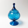 Vintage Midcentury Blue Glass Lidded Footed Bowl