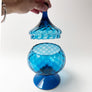 Vintage Midcentury Blue Glass Lidded Footed Bowl