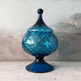 Vintage Midcentury Blue Glass Lidded Footed Bowl