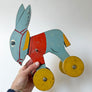 Vintage Wood Blue Donkey on Wheels Decorative Object
