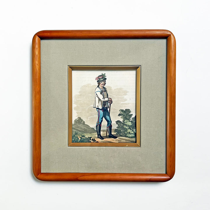 Austrian Man in a Landscape Original Hand-Colored French Engraving Vintage Art