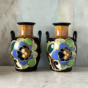 Pair of Vintage Deco Ceramic Double Handle Vases Made in Japan