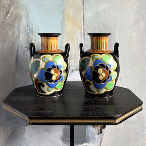 Pair of Vintage Deco Ceramic Double Handle Vases Made in Japan