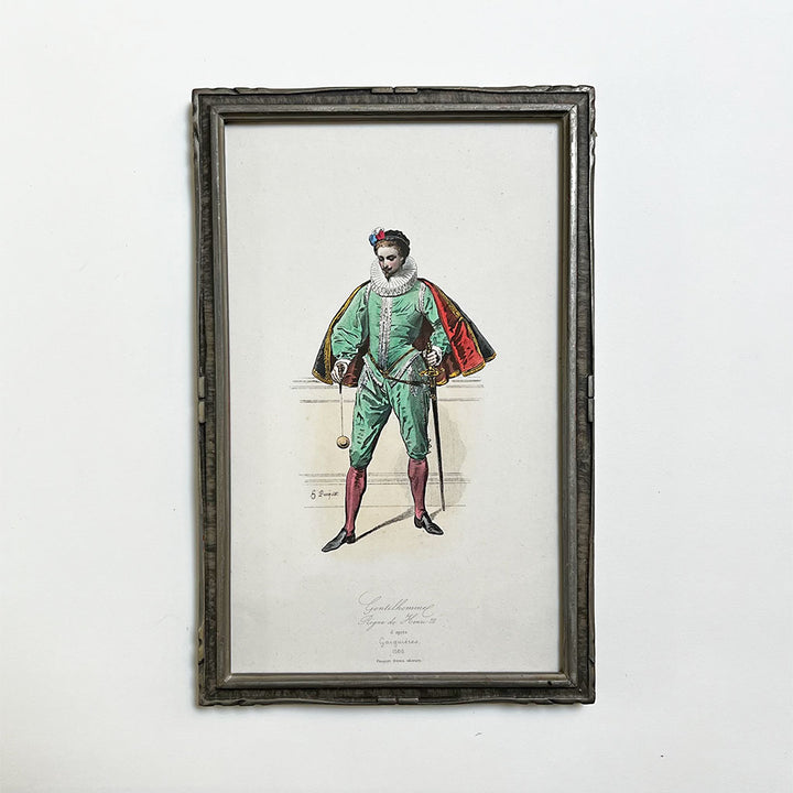 Gentleman in Green Original French Chromolithograph in Vintage Frame