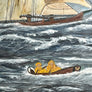 Nautical Scene with Sailboat & Two Figures in a Dinghy - Original Painting on Board in Frame
