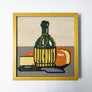 Vintage Original Still Life with Wine Bottle and Cheese Needlework in Wood Frame