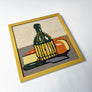 Vintage Original Still Life with Wine Bottle and Cheese Needlework in Wood Frame