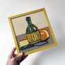 Vintage Original Still Life with Wine Bottle and Cheese Needlework in Wood Frame