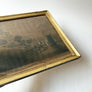 Vintage Night Scene with a Castle Original Charcoal Drawing on Paper in Gold Tone Frame