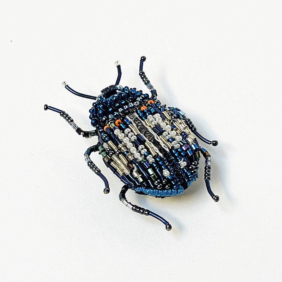 Beaded Deep Blue Beetle Embroidered Pin