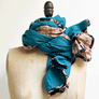 Teal & Brown, Cream, Tan Plaid Wide Linen Scarf (C)