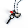 PATCH NYC Treasure Necklace: Sterling Silver Heart Locket, Vintage Pocket Watch Key & Enamel Mushroom