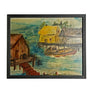 Wharf Scene with Structures & Boat - Original Oil Painting on Board in Frame