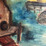 Wharf Scene with Structures & Boat - Original Oil Painting on Board in Frame