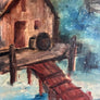 Wharf Scene with Structures & Boat - Original Oil Painting on Board in Frame