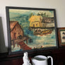 Wharf Scene with Structures & Boat - Original Oil Painting on Board in Frame