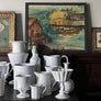 Wharf Scene with Structures & Boat - Original Oil Painting on Board in Frame