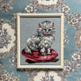 Vintage Original Persian Cat on Pink Cushion Needlework in Wood Frame