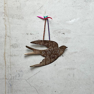 Brass Flying Swallow with Pink Ribbon Wall Art