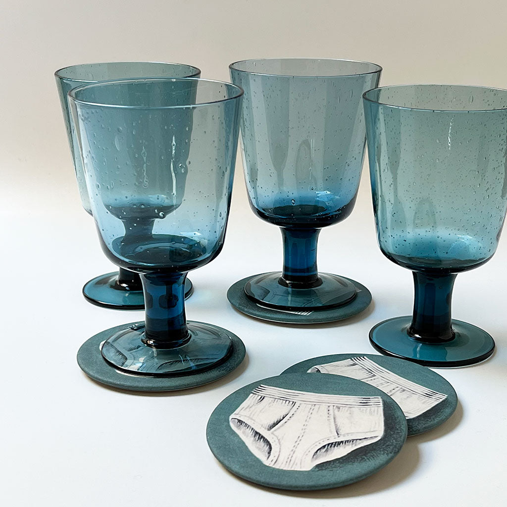 Vintage Handblown Blue Glass Tall Drinking Glasses Set of 4 