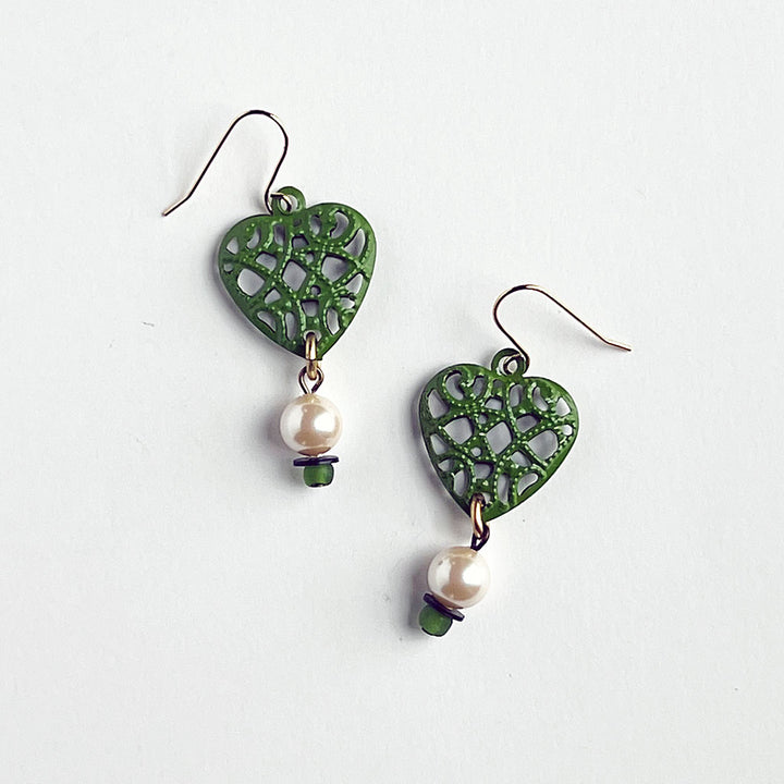 Forest Green Heart & Vintage Glass Pearl Earrings