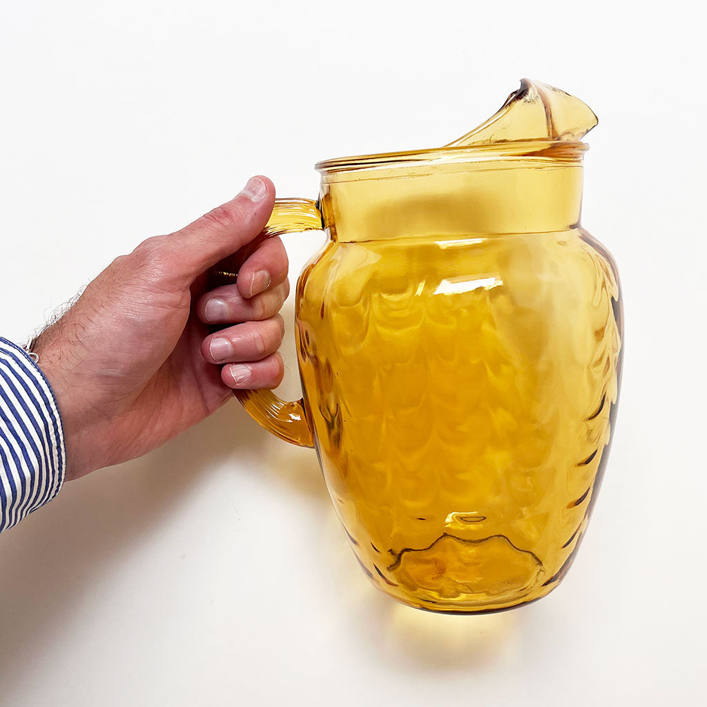 Vintage Cocktail Pitcher with glasses, 1950's Amber Glass- Polished Pontil,  Mid Century Amber Blown Glass Batch Cocktail Pitcher