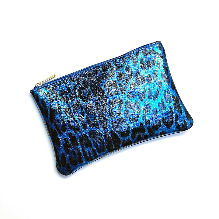 Blue Leopard Print Leather Pouch