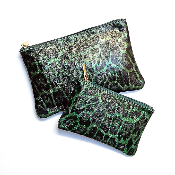 Green Leopard Print Leather Pouch