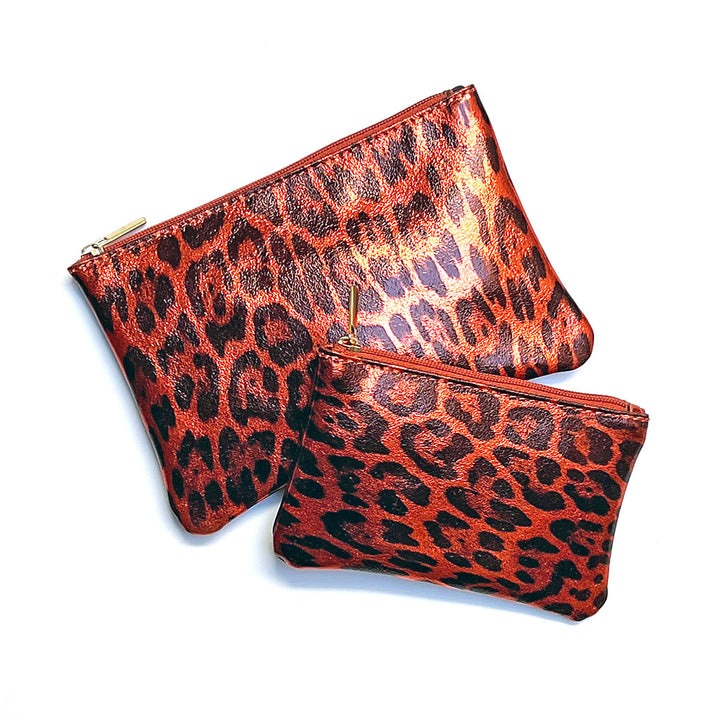 Orange Leopard Print Leather Pouch