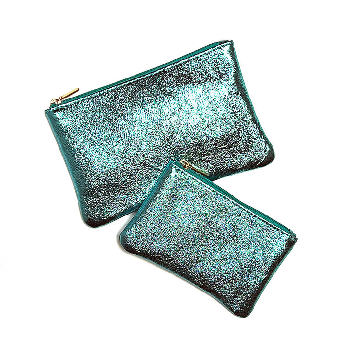 Frosted Aqua Metallic Leather Pouch