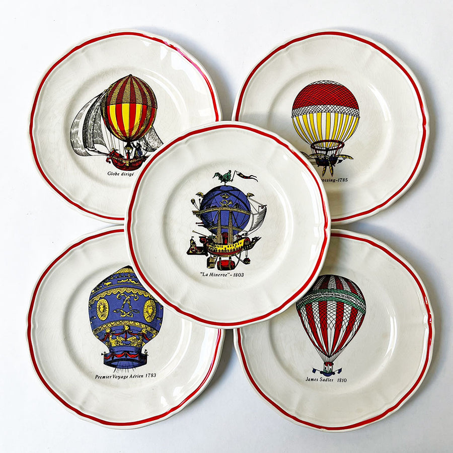 Vintage Hot Air Balloon Ceramic Plates Made in France (Set of 5)