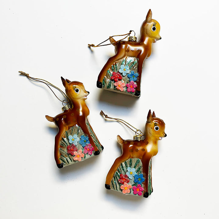 Baby Deer with Flowers Glass Ornament