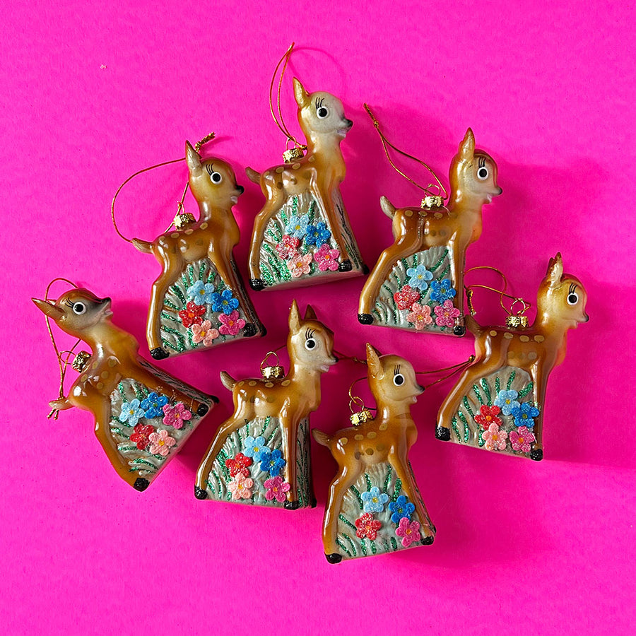 Baby Deer with Flowers Glass Ornament