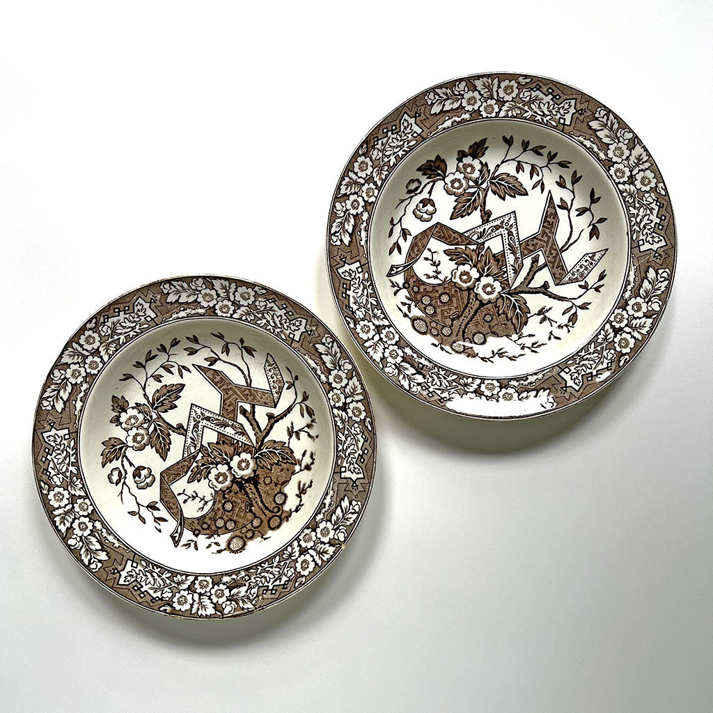 Vintage Brown Transferware Wedgwood Ceramic Bowl Plates (Set of 2