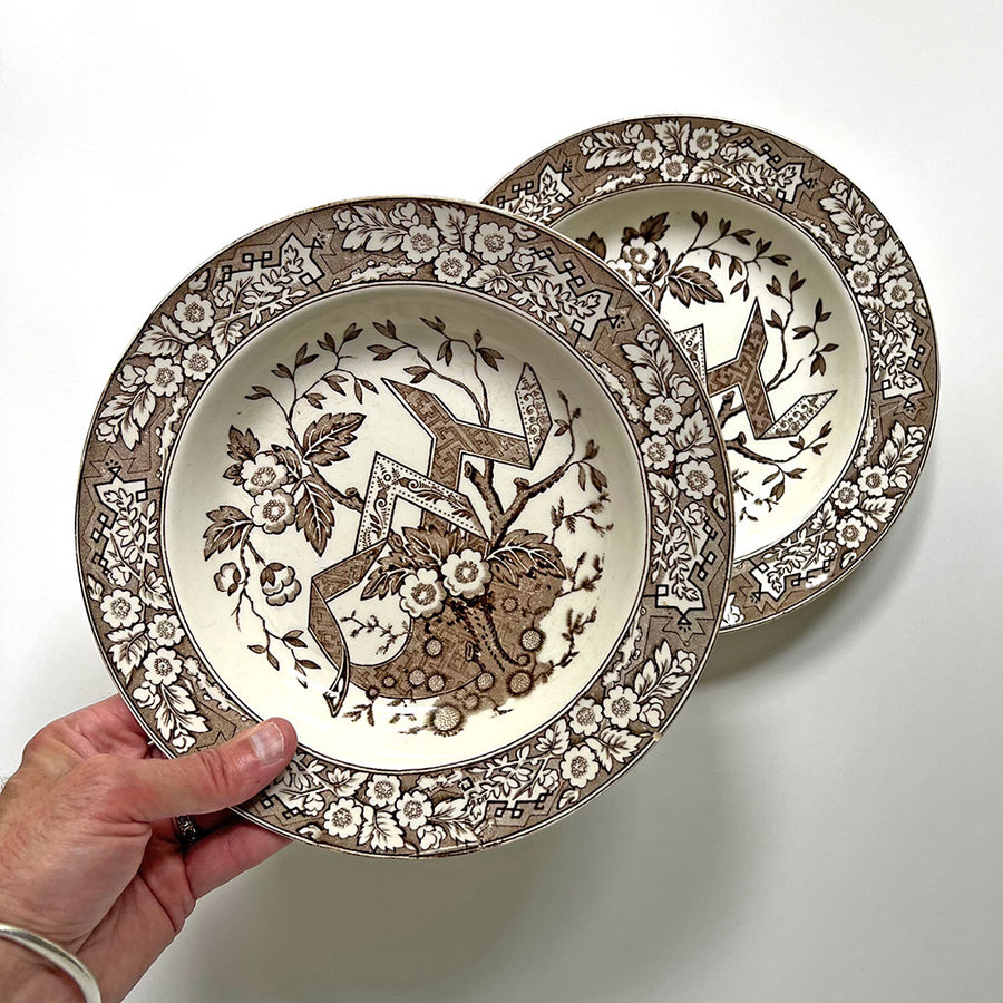 Vintage Brown Transferware Wedgwood Ceramic Bowl Plates (Set of 2)