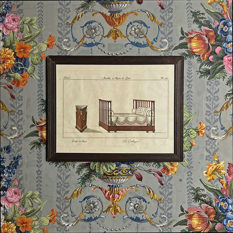 Night Stand (Table de Nuit) and Gothic Bed (Lit Gothique) Original Hand-Colored French Engraving in Vintage Frame