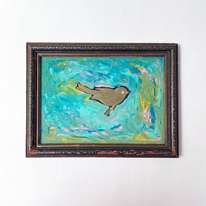 Original Gold Pressed Paper Bird Collage with Reverse Painted Glass in Vintage Wood Frame