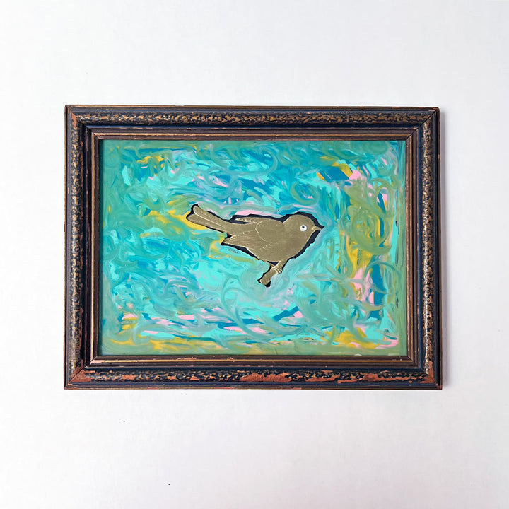 Original Gold Pressed Paper Bird Collage with Reverse Painted Glass in Vintage Wood Frame