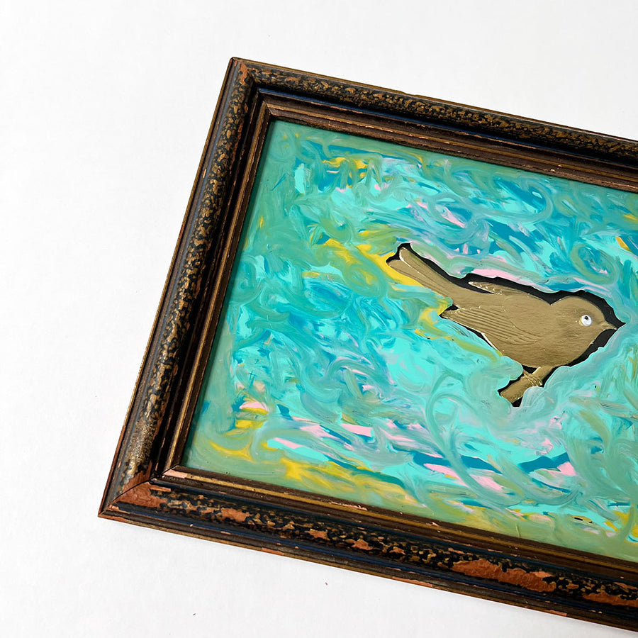 Original Gold Pressed Paper Bird Collage with Reverse Painted Glass in Vintage Wood Frame