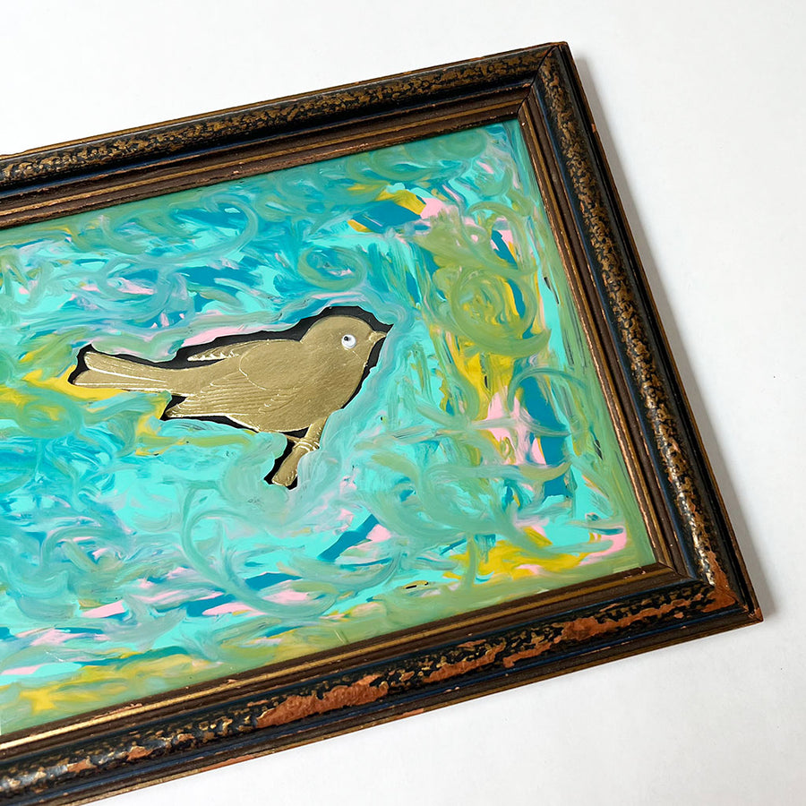 Original Gold Pressed Paper Bird Collage with Reverse Painted Glass in Vintage Wood Frame