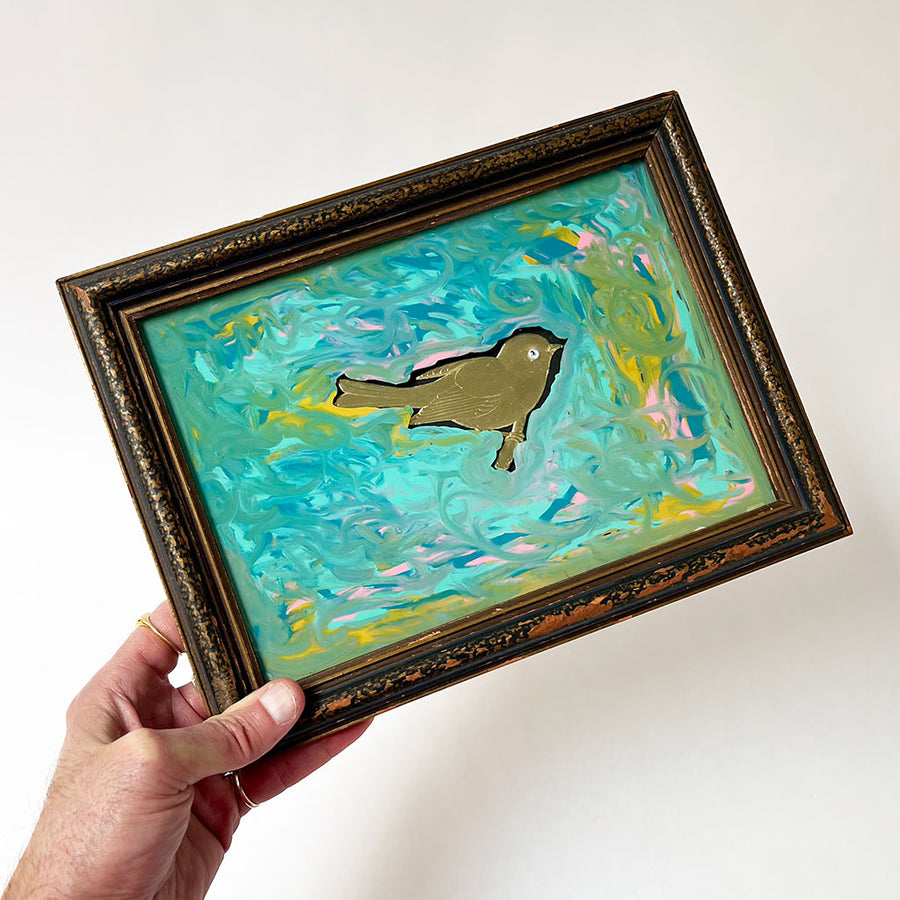 Original Gold Pressed Paper Bird Collage with Reverse Painted Glass in Vintage Wood Frame