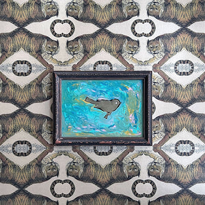 Original Gold Pressed Paper Bird Collage with Reverse Painted Glass in Vintage Wood Frame