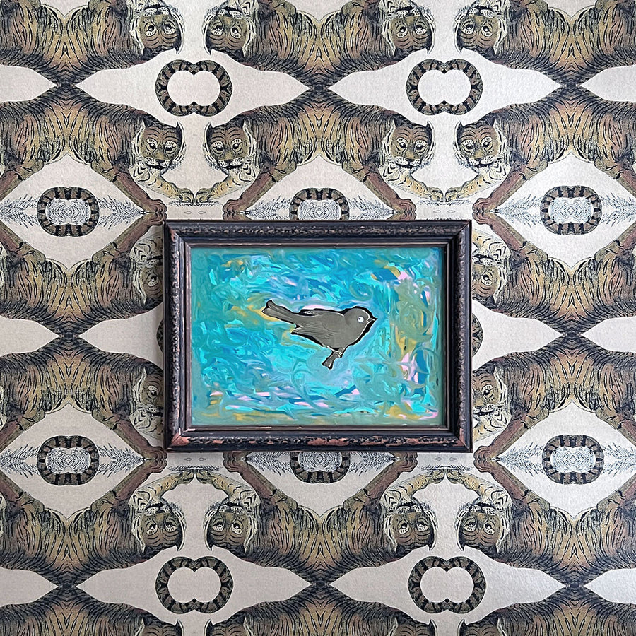 Original Gold Pressed Paper Bird Collage with Reverse Painted Glass in Vintage Wood Frame