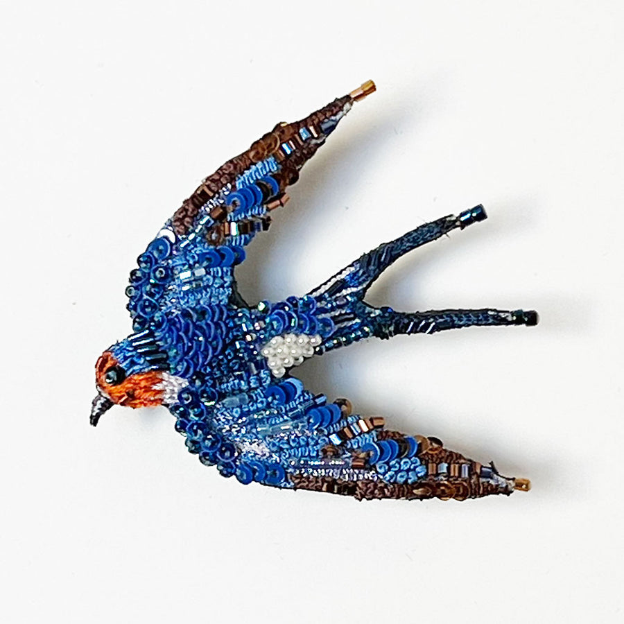 Beaded Orange Face Swallow Embroidered Pin