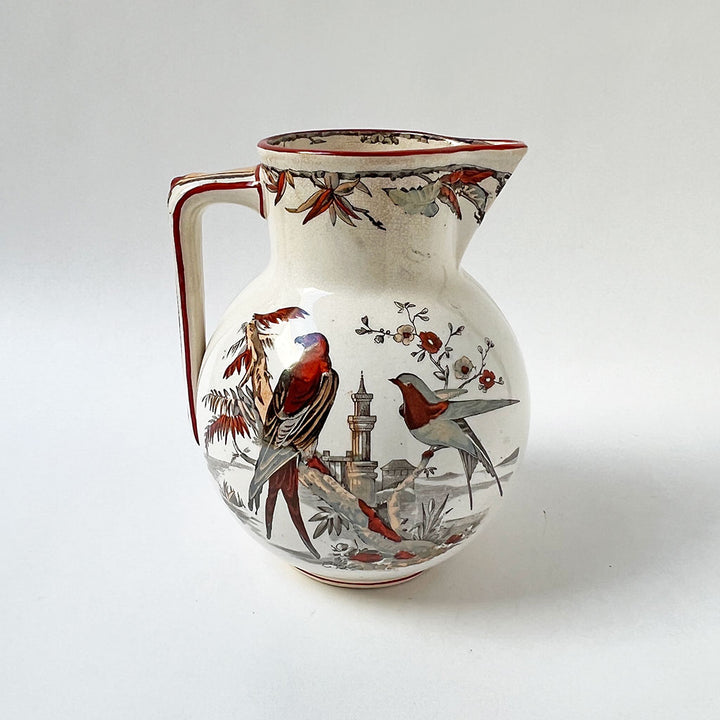 Vintage Aesthetic Movement Ceramic Pitcher with Two Birds in a Landscape