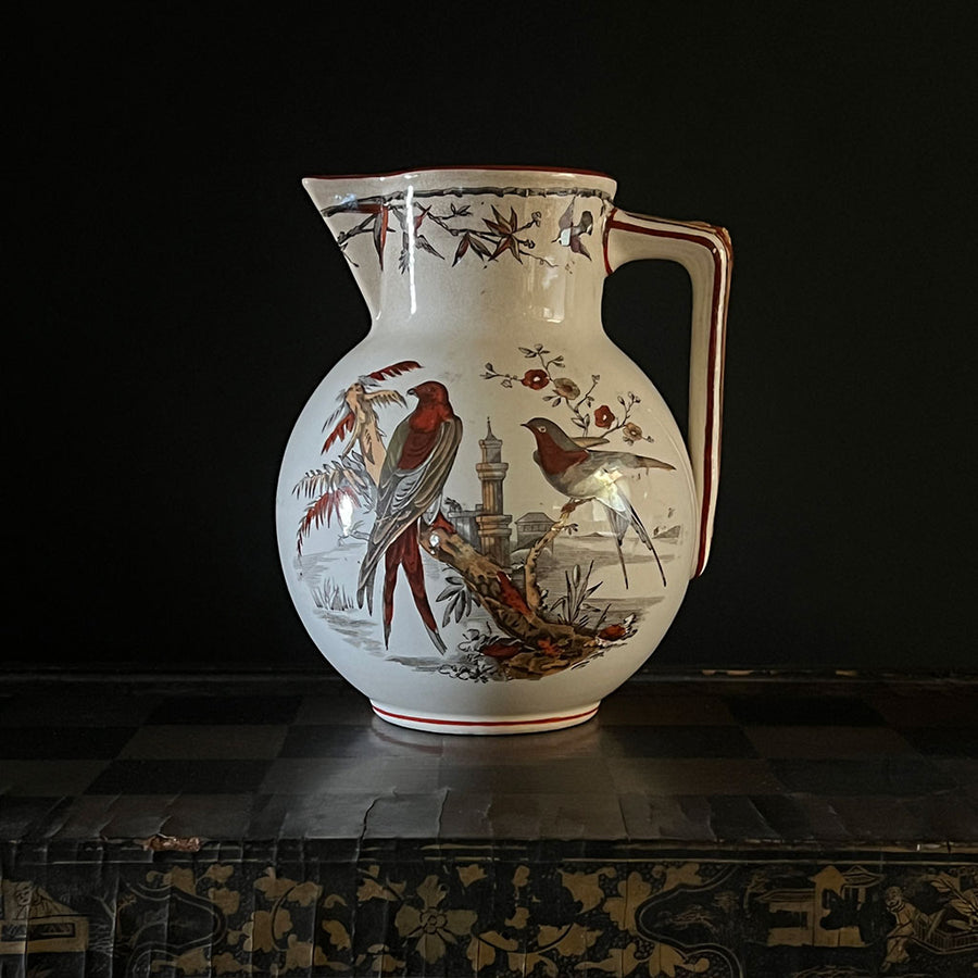 Vintage Aesthetic Movement Ceramic Pitcher with Two Birds in a Landscape
