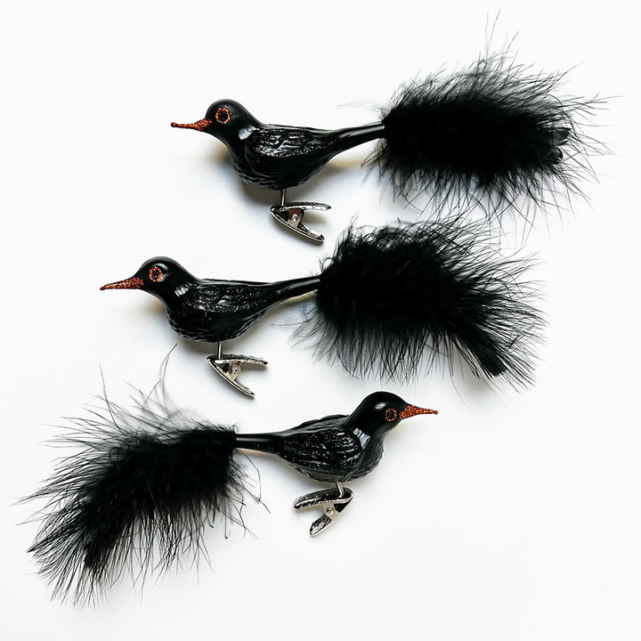 Black Bird with Feather Tail Glass Clip Ornament