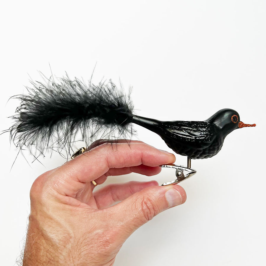 Black Bird with Feather Tail Glass Clip Ornament